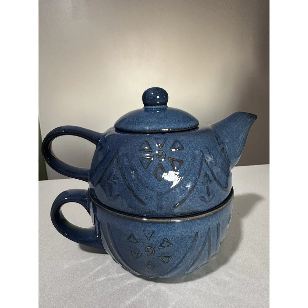 Pier 1 Blue Glazed Stoneware Teapot for One Set Cup w Lid Embossed Floral Boho